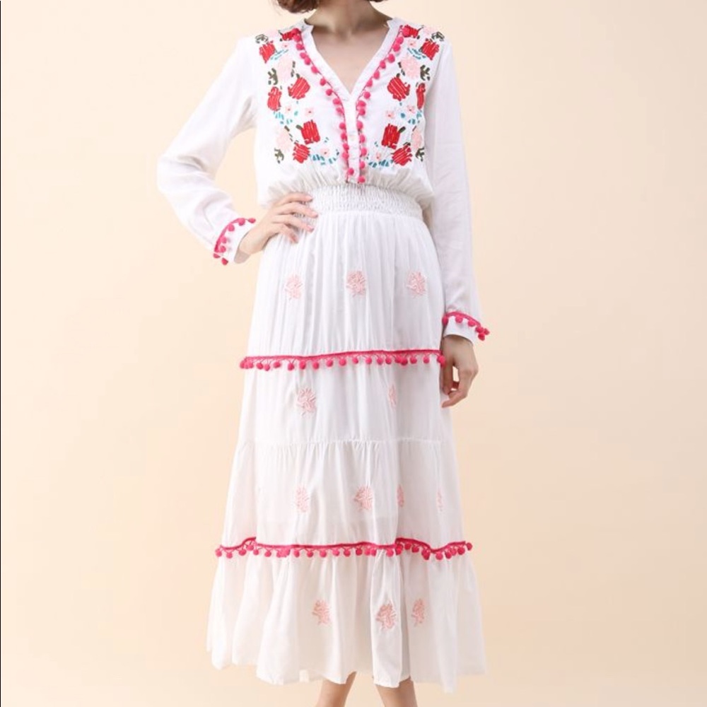 Chicwish White Midi Dress with Pink & Red Embroidery